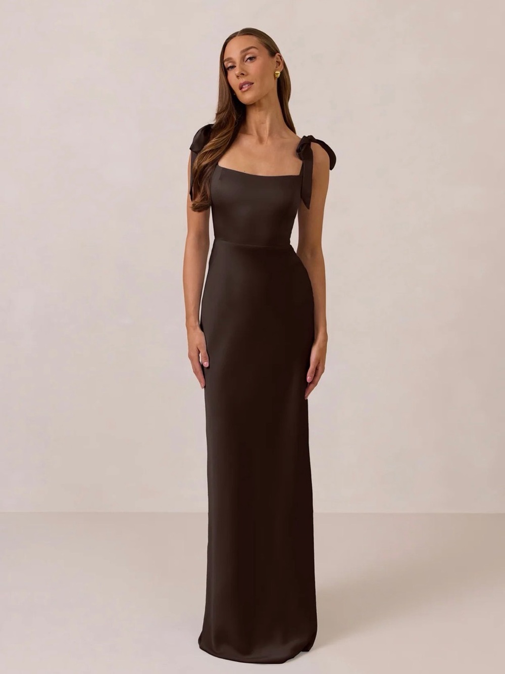 Park & Fifth ESPRESSO SATIN Brown Tie-Shoulder Square Neck Maxi Dress